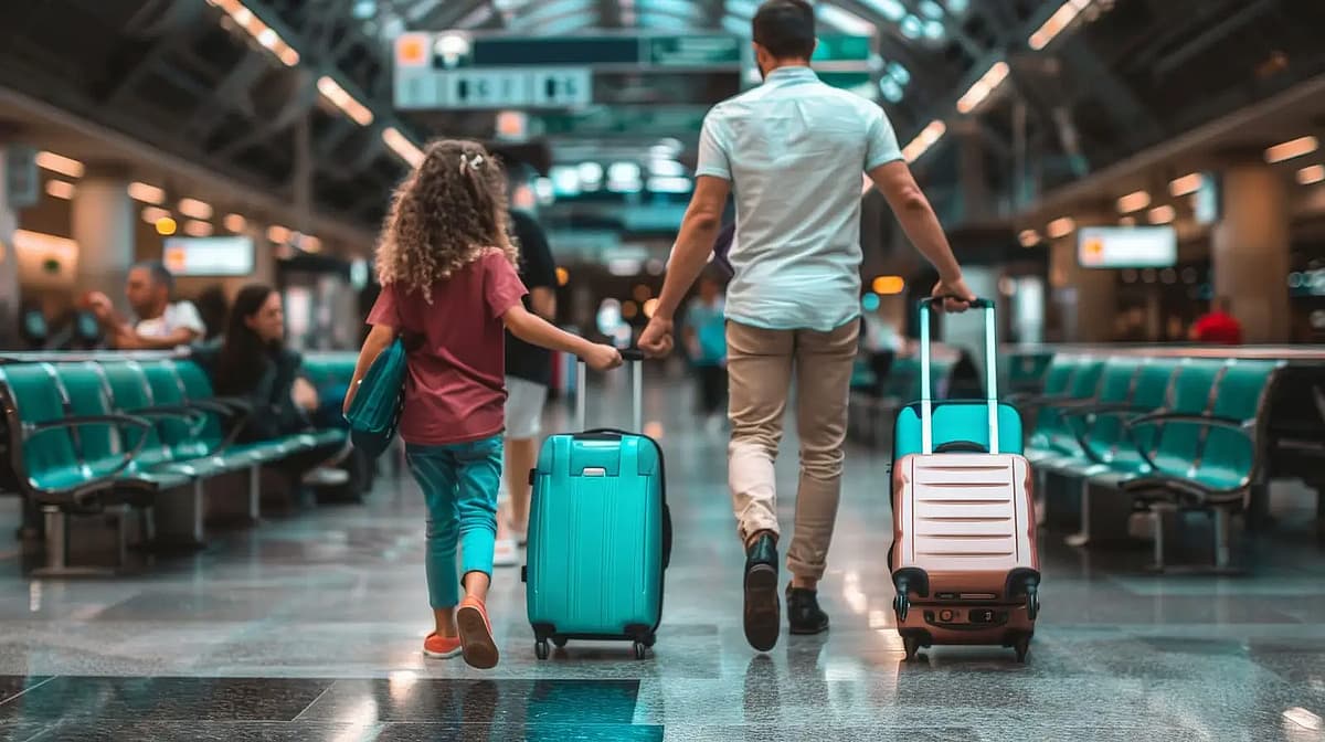 p&egrave;re et fille avec leurs bagages dans un a&eacute;roport