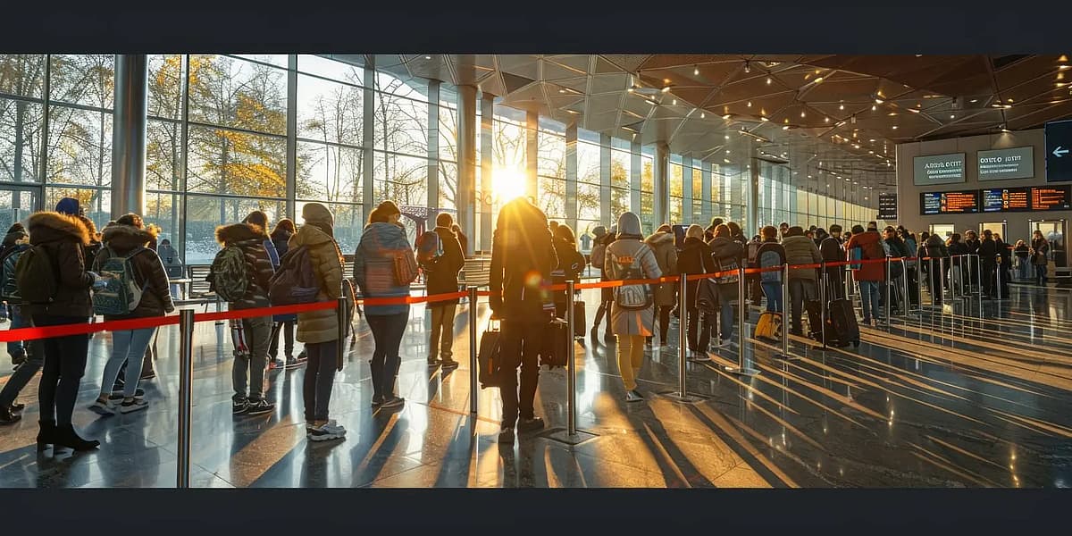 os viajantes fazem fila no aeroporto