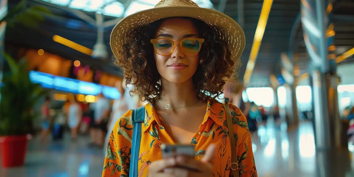 une jeune femme avec son smartphone dans un a&eacute;roport