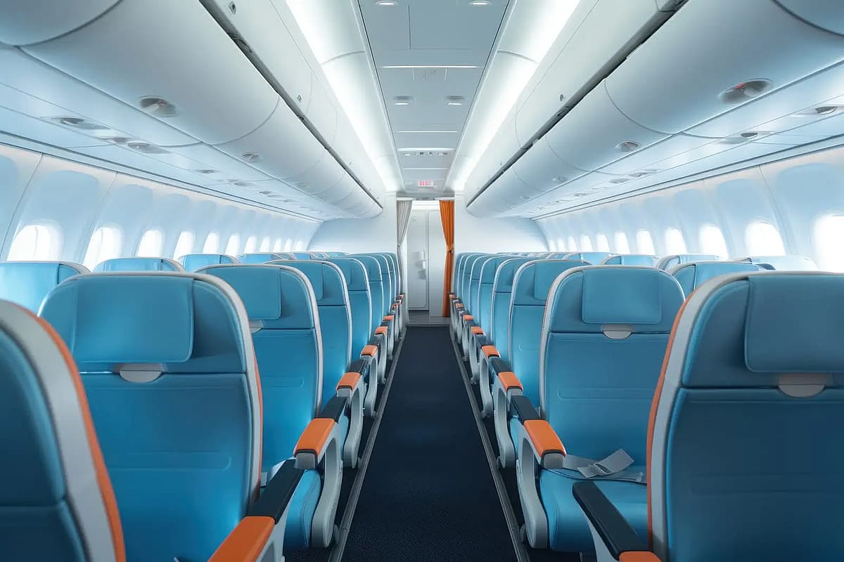 uma sala de espera para avi&otilde;es com bancos azuis