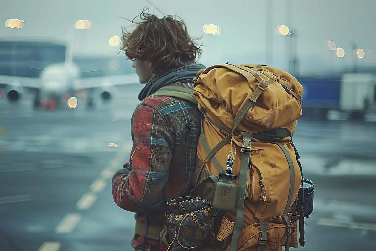 pasajero con mochila en el aeropuerto