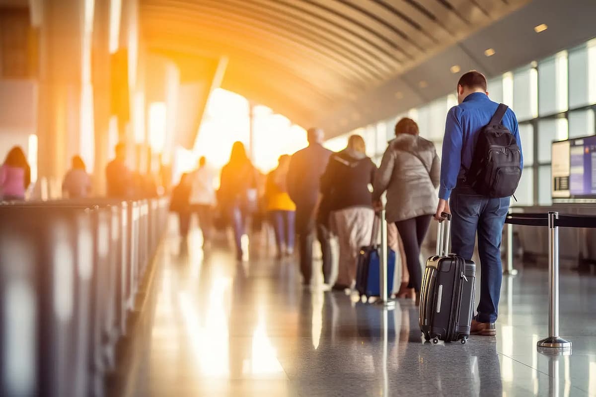 les passagers transportent leurs bagages jusqu'&agrave; l'enregistrement &agrave; l'a&eacute;roport