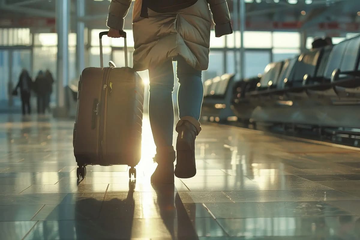 une personne marche dans un a&eacute;roport avec sa valise