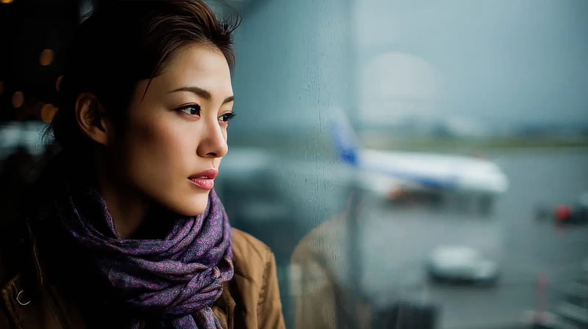 a woman standing at the window it the airport