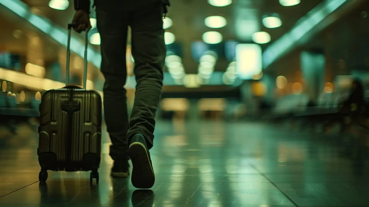 o persoană traversează un aeroport cu valiza sa