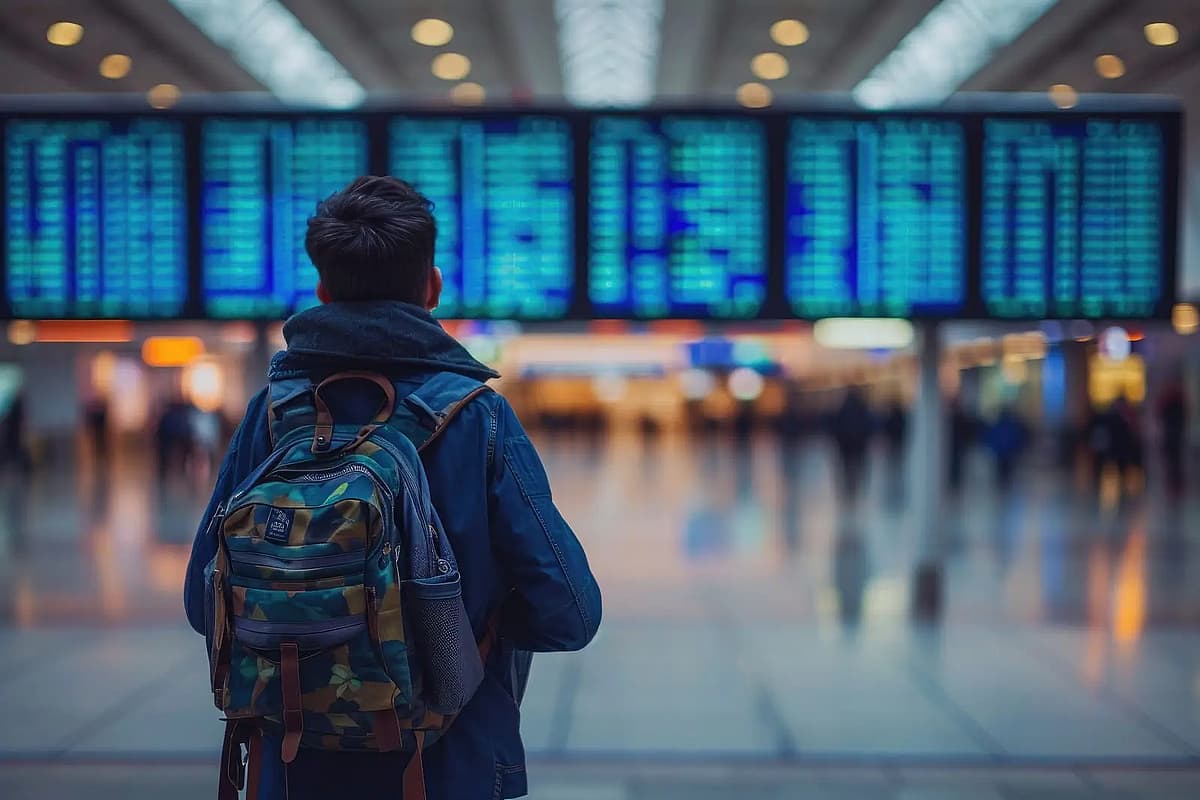 viajar en avi&oacute;n viajero que consulta la informaci&oacute;n de vuelo en el aeropuerto