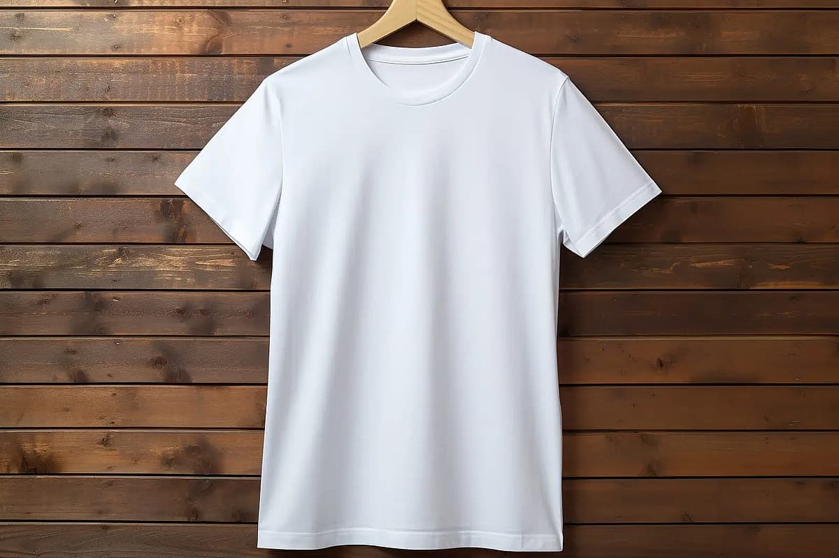una camiseta blanca sobre una base de madera