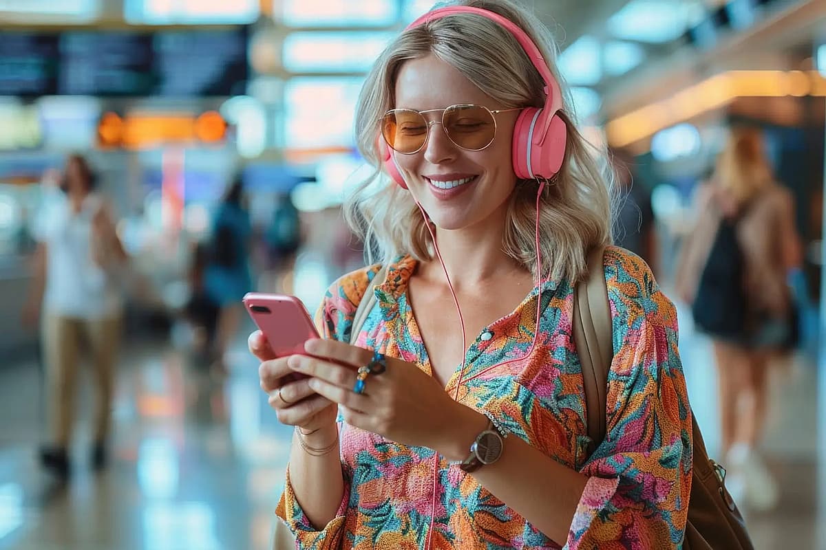 o femeie cu un telefon și căști &icirc;ntr-un aeroport