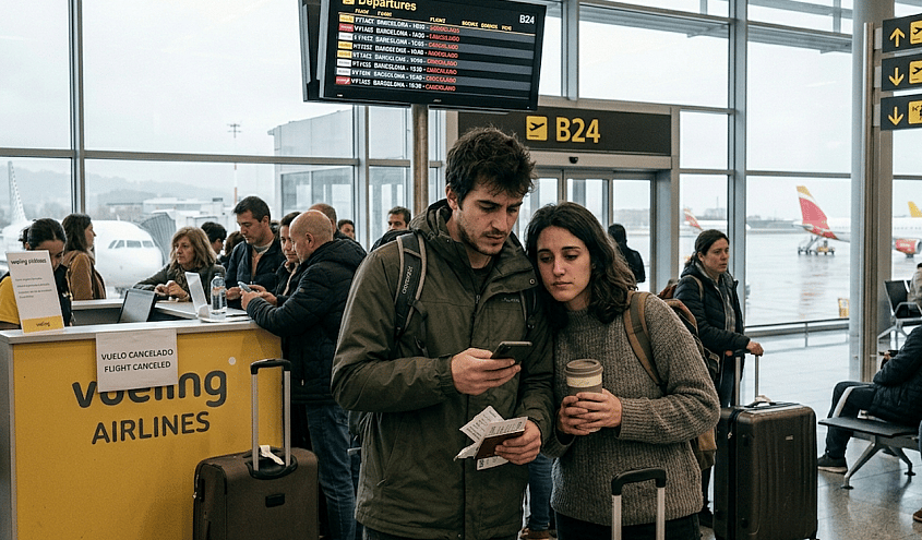 Pareja aeropuerto Bilbao tras la cancelaci&oacute;n de su vuelo