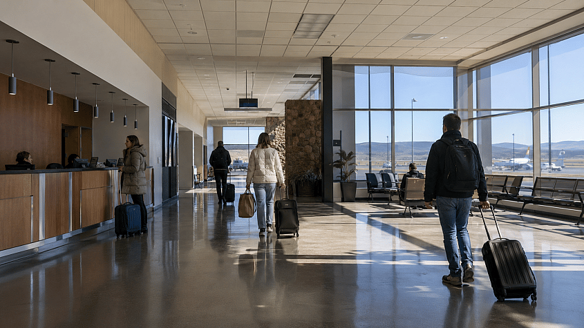 putnici sa koferima u terminalu aerodroma Konstantin Veliki u Ni&scaron;u