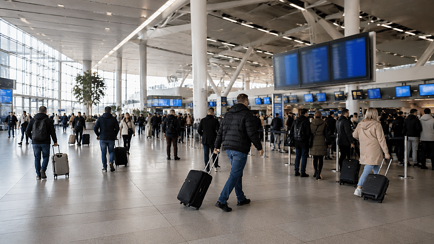 putnici sa koferima u terminalu aerodroma Nikola Tesla u Beogradu