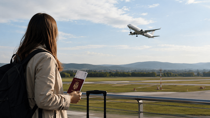 putnica sa paso&scaron;em i koferom posmatra avion na aerodromu u Srbiji