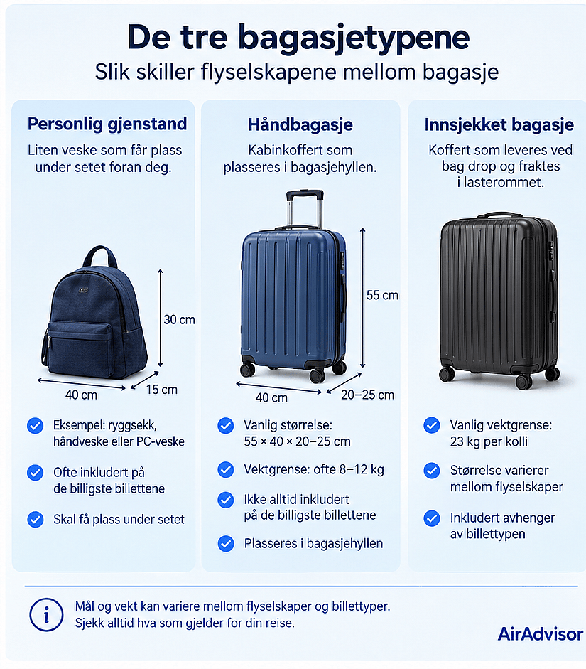 De tre bagasjetypene: personlig gjenstand, h&aring;ndbagasje og innsjekket bagasje