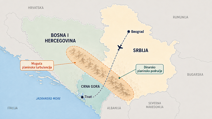 mapa turbulencije na ruti Beograd-Tivat preko dinarskog planinskog područja