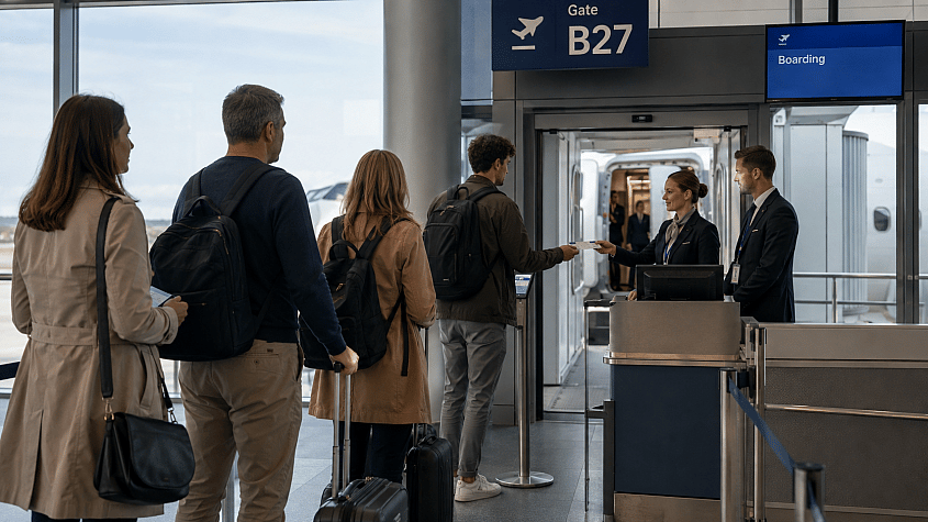 putnici predaju kartu za ukrcavanje na aerodromskom gejtu
