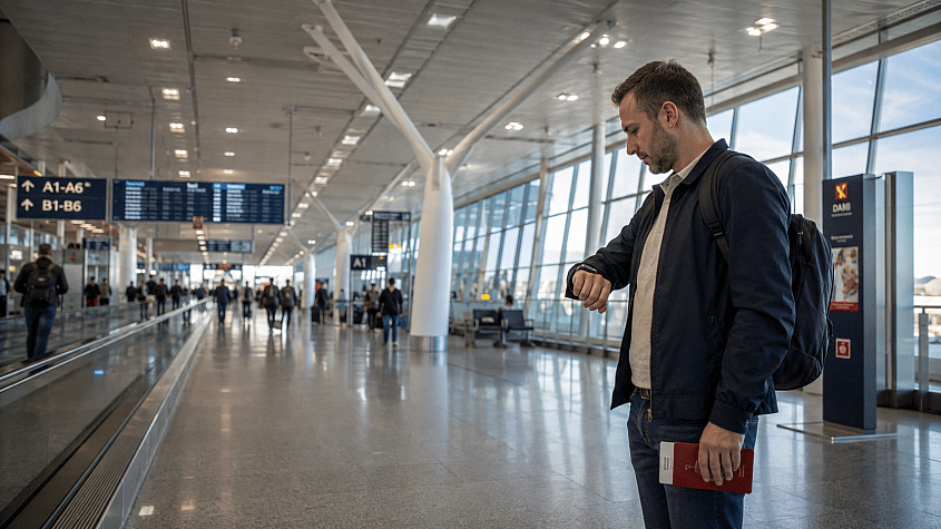 putnik proverava koliko vremena ima za presedanje na aerodromu