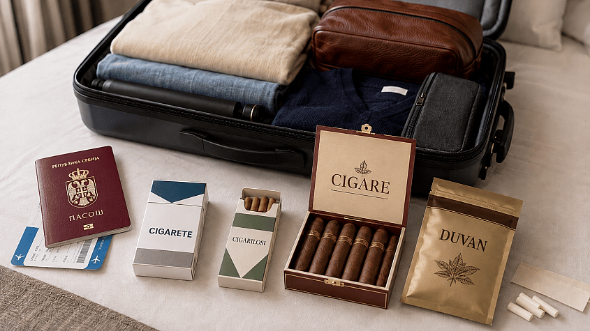 cigarete, cigarilosi, cigare i duvan spremni za pakovanje u kofer