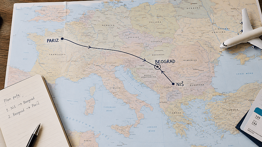 mapa rute leta sa presedanjem od Ni&scaron;a preko Beograda do Pariza