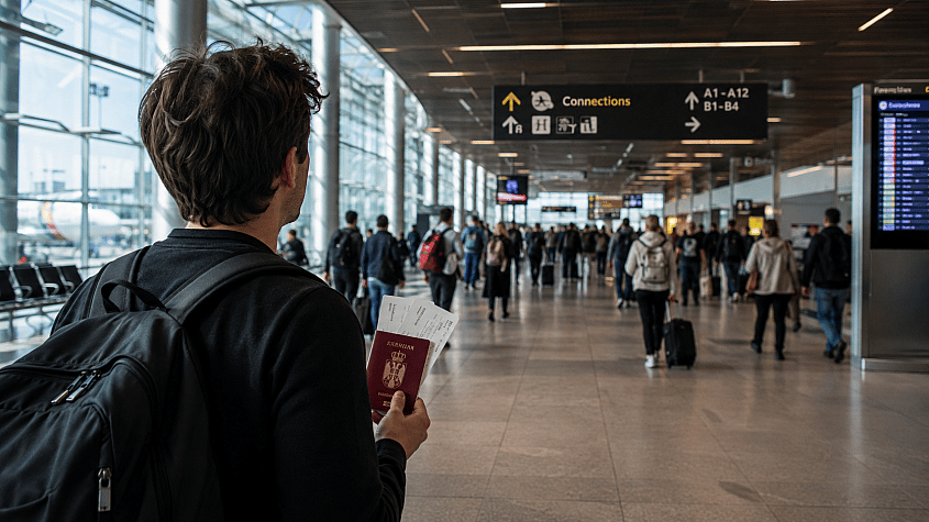 putnici sa prtljagom na aerodromskom terminalu tokom presedanja