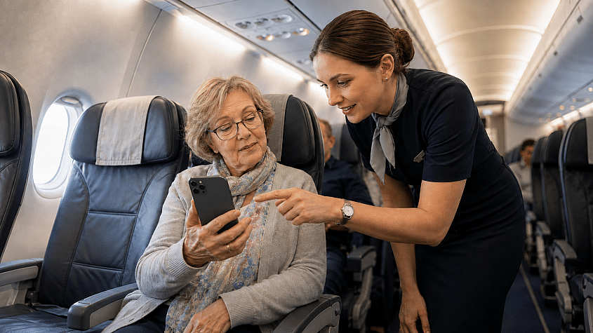 član kabinskog osoblja pomaže putnici da se poveže na Wi-Fi u avionu