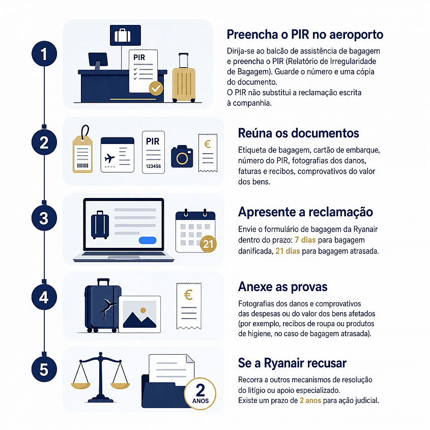 Infografia com os 5 passos para reclamar bagagem &agrave; Ryanair