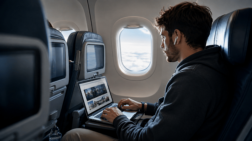 putnik koristi laptop i Wi-Fi u avionu