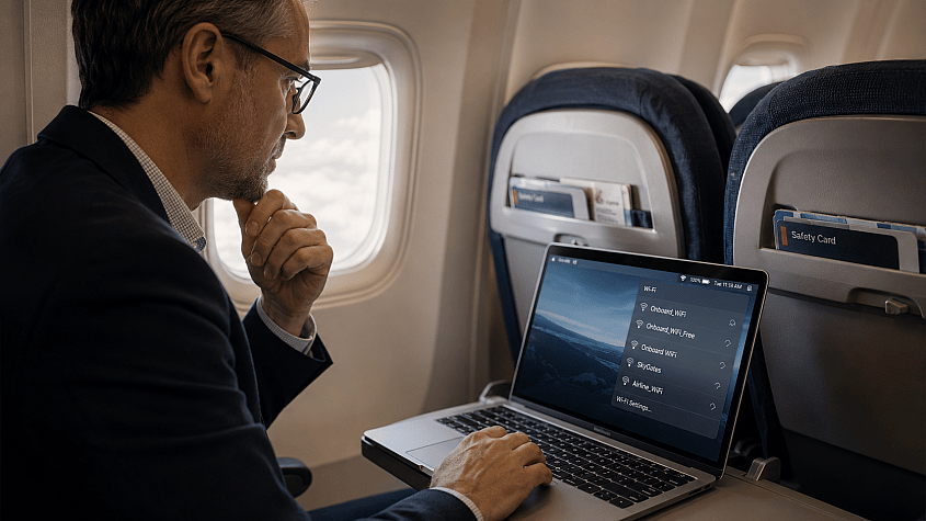lista dostupnih Wi-Fi mreža u avionu na ekranu laptopa