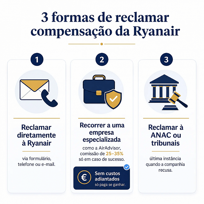 Infogr&aacute;fico com as 3 formas de reclamar compensa&ccedil;&atilde;o da Ryanair