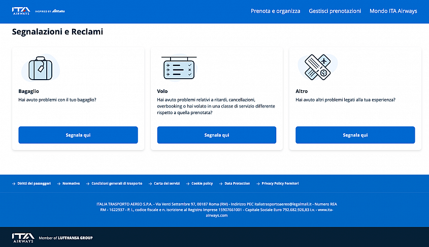 Sezione Segnalazioni e Reclami sul sito di ITA Airways