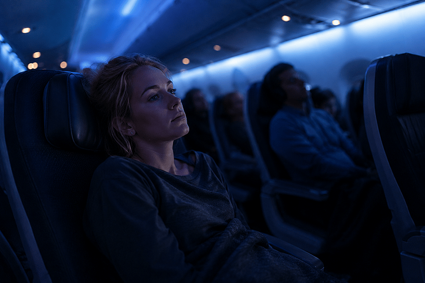 Vermoeide passagier tijdens nachtvlucht