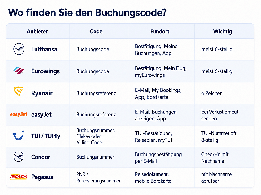 Buchungscode je nach Airline