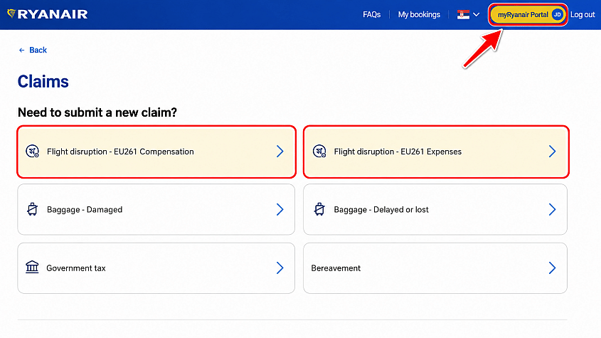 Stranica za podno&scaron;enje zahteva na sajtu Ryanair-a sa označenim opcijama za EU261 naknadu