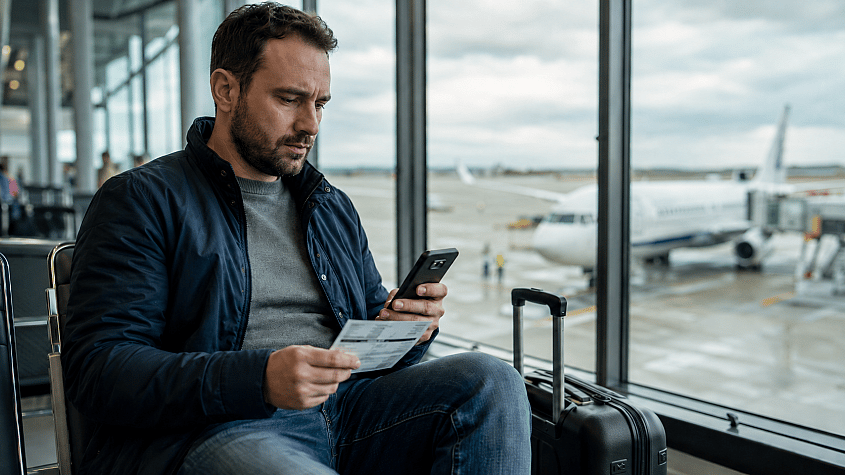 Putnik proverava kartu i status leta Ryanair-a na aerodromu