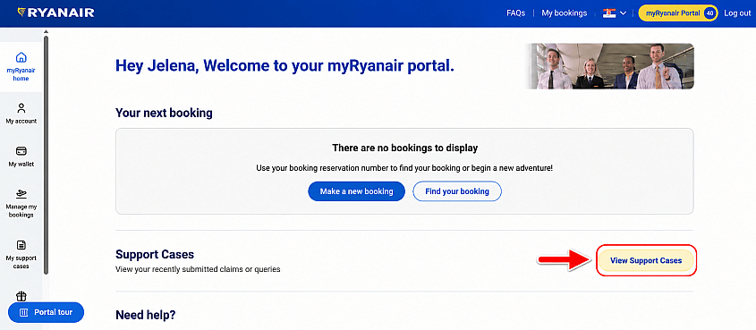 Odeljak My Support Cases u myRyanair nalogu za praćenje statusa zahteva