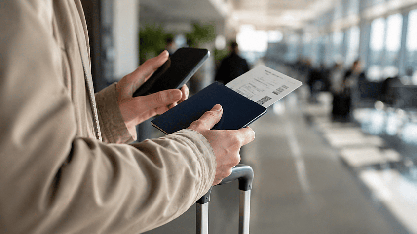 putnik proverava paso&scaron; i kartu za let pre polaska na aerodrom